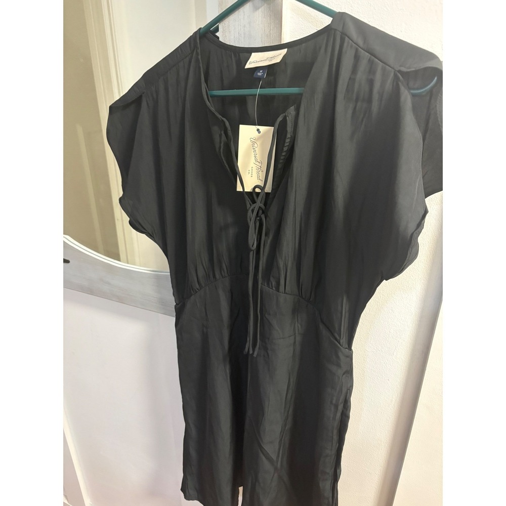 Universal Thread Womens Black Split Neck Tie Mini Dress Size M NWT